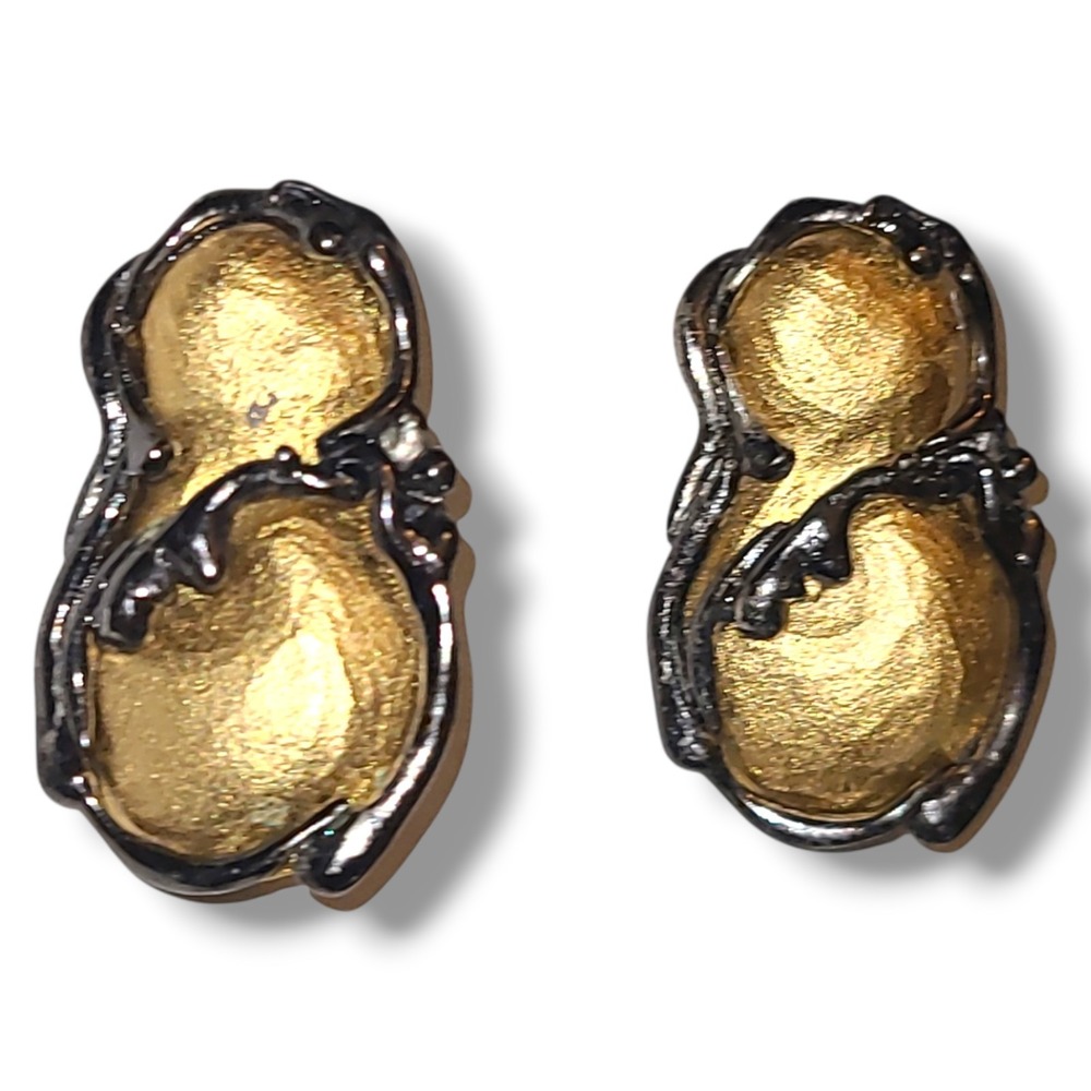 Vintage 80s Modernist Abstract‎ Clip On Earrings Gold Black Sculptural Bold
